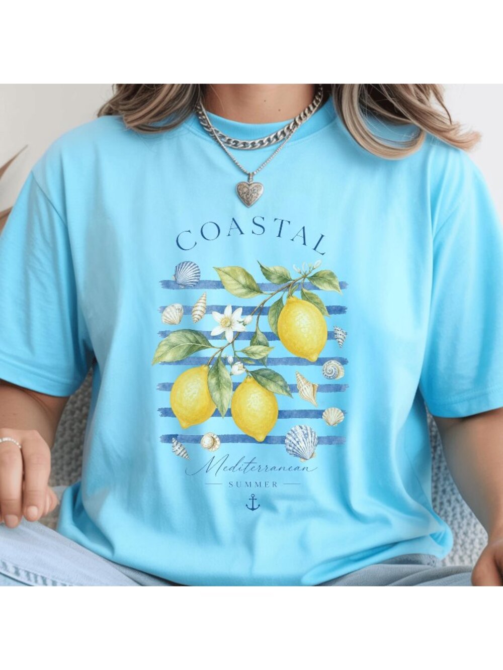 Coastal Lemon Watercolor Tee, Mediterranean Summer Beach Shirt, Nautical Stripes